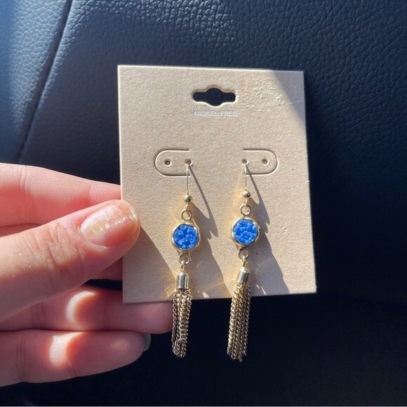 Gold and blue nickel free drop down chain earrings  2.5 inches - Picture 6 of 8